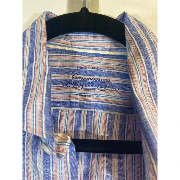 NWT Camicissima Milano Mens Long Sleeve Dress Shirt Linen size 38 (M) Stripe D25 - Picture 3 of 7
